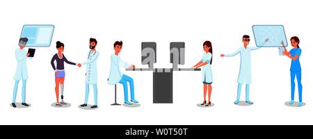 Technology in medicine vector illustrations set. Young doctors, nurses, medics cartoon characters. Modern hospital staff working with computers, interactive interfaces, physician and patient handshake Stock Vector