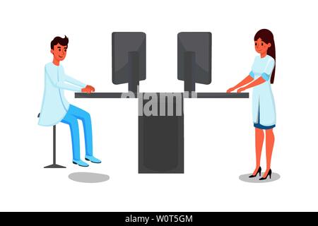 Hospital computerization flat vector illustration. Young male and female doctors, scientists in white coats cartoon characters. Medical clinic staff working with computers, medicine modernization Stock Vector