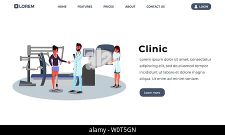 Prosthetics clinic flat homepage vector template. Doctor, surgeon and patient with artificial limb cartoon characters. Modern hospital landing page layout, medical innovations website interface design Stock Vector