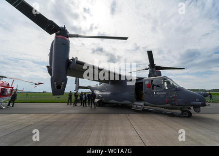 BERLIN, GERMANY - APRIL 25, 2018: V/STOL military transport aircraft Bell Boeing V-22 Osprey. US Air Force. Exhibition ILA Berlin Air Show 2018 Stock Photo