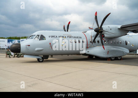 BERLIN, GERMANY - APRIL 25, 2018: Transport aircraft EADS CASA C-295. Portuguese Air Force. Exhibition ILA Berlin Air Show 2018. Stock Photo