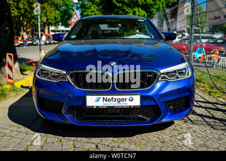 BERLIN - MAY 06, 2018: Mid-size luxury car BMW M5 Limousine (F90). Exhibition 31. Oldtimertage Berlin-Brandenburg (31th Berlin-Brandenburg Oldtimer Day). Stock Photo