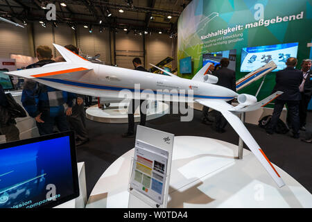 BERLIN - APRIL 26, 2018: Space Pavilion. Stand of the German Aerospace Center (DLR). Mockup of ALNA (Advanced Low Noise Aircraft). Exhibition ILA Berlin Air Show 2018 Stock Photo