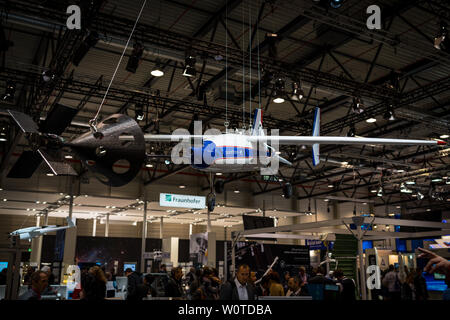BERLIN - APRIL 26, 2018: Space Pavilion. Stand of DLR (German Aerospace Center). Research unmanned aerial vehicle 'Prometheus'. Exhibition ILA Berlin Air Show 2018 Stock Photo
