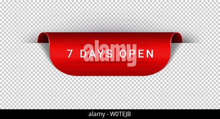 7 Days Open Vector Sticker, Tag, Banner, Label, Sign Or Ribbon Realistic Red Origami Style Vector Paper Ribbon For Web Banner Or Print Poster. Eps 10 Stock Vector