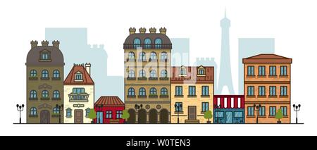 Flat linear panorama of the city landscape with buildings and houses. tourism, travel to Paris. Vector illustration Stock Vector