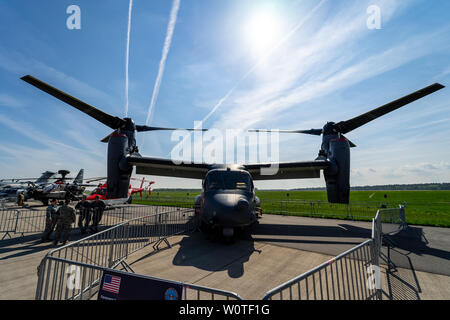 BERLIN, GERMANY - APRIL 27, 2018: V/STOL military transport aircraft Bell Boeing V-22 Osprey. US Air Force. Exhibition ILA Berlin Air Show 2018