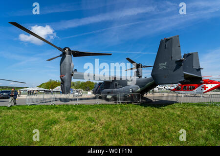 BERLIN, GERMANY - APRIL 27, 2018: V/STOL military transport aircraft Bell Boeing V-22 Osprey. US Air Force. Exhibition ILA Berlin Air Show 2018 Stock Photo