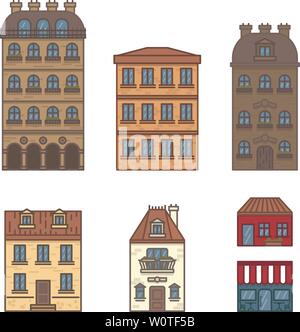 Paris flat line houses set in different colors. Isolated Vector illustration of flat buildings. Stock Vector