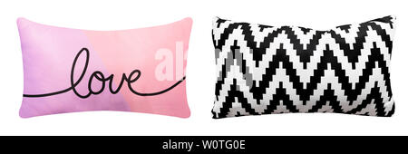 Pillow Cotton Isolated on White Background with Clipping Path for Bedding Design. Close Up of Soft Comfortable Black and White Zigzag, Pink and Purple Stock Photo