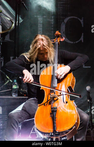 Kiel, Germany. 17th June, 2018. The Band 'Apocalyptica' is performing in the Freilichtbühne Krusenkoppel during the Kieler Woche 2018 Stock Photo