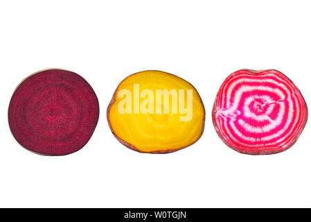 Composite image three types of beetroot cut in half on a white background Stock Photo