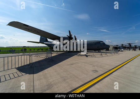 BERLIN - APRIL 27, 2018: Turboprop military transport aircraft Lockheed Martin C-130J Super Hercules. US Air Force. Exhibition ILA Berlin Air Show 2018. Stock Photo