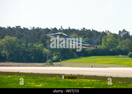 BERLIN, GERMANY - APRIL 28, 2018: Landing of the multirole fighter Eurofighter Typhoon. Exhibition ILA Berlin Air Show 2018 Stock Photo