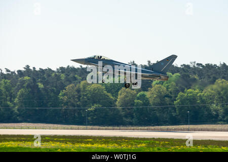 BERLIN, GERMANY - APRIL 28, 2018: Landing of the multirole fighter Eurofighter Typhoon. Exhibition ILA Berlin Air Show 2018 Stock Photo