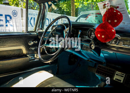 BERLIN - JUNE 09, 2018: Interior of a full-size luxury car Cadillac Sedan DeVille, 1959. Classic Days Berlin 2018. Stock Photo