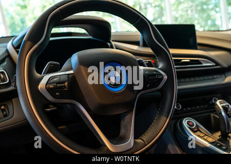 BERLIN - JUNE 09, 2018: Showroom. Interior of compact luxury crossover SUV BMW X3. Stock Photo