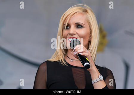 Antje Klann at the biggest hit Open Air in Berlin, the Schlagerolymp 2018 is now rising for the seventh time in Berlin's leisure and recreation park Lübars. Stock Photo