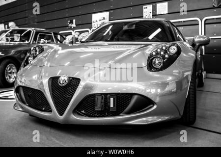 PAAREN IM GLIEN, GERMANY - MAY 19, 2018: Sports car Alfa Romeo 4C Spider (Type 960). Black and white. Die Oldtimer Show 2018. Stock Photo