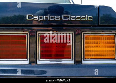 PAAREN IM GLIEN, GERMANY - MAY 19, 2018: Emblem of a full-size car Chevrolet Caprice Classic, 1982. Exhibition 'Die Oldtimer Show 2018'. Stock Photo