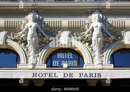 MONTE CARLO, MONACO - AUGUST 21, 2016: Hotel de Paris, luxury hotel building, sculpures detail and sign in a summer day in Monte Carlo, Monaco.