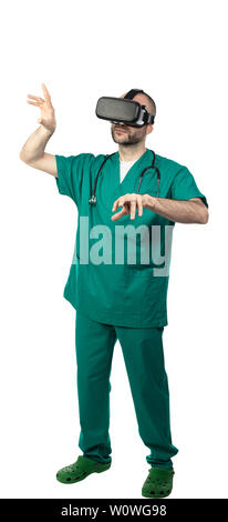 Studio portrait of a doctor who uses glasses for virtual reality. Concept of modernity in medicine. Stock Photo
