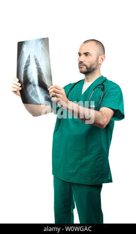 doctor examining a chest x-ray isolated on a white background. Stock Photo