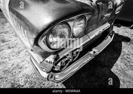 BERLIN - MAY 05, 2018: Headlamp of the full-size car Chevrolet Bel Air (Third generation). Black and white. Stock Photo