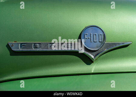 BERLIN - MAY 05, 2018: The emblem of full-size pickup truck Ford F-100, 1953. Close-up. Stock Photo