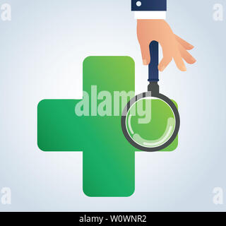 hand holding the magnifying glass and healthcare and medical icon design logo symbol Stock Photo