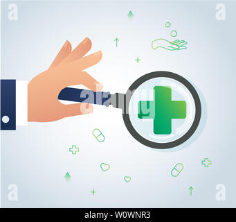 hand holding the magnifying glass and healthcare and medical icon design logo symbol Stock Photo