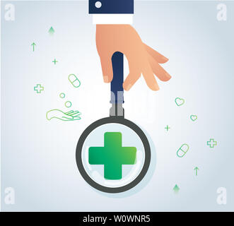 hand holding the magnifying glass and healthcare and medical icon design logo symbol Stock Photo