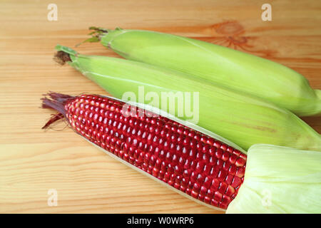 Raw purple corns with green husks and peeled isolated on wooden table Stock Photo