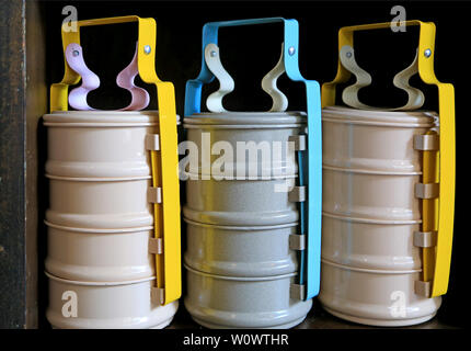Pastel color retro style portable food containers or Pinto in Thai Stock Photo