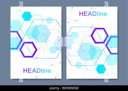 Modern vector templates for brochure, cover, banner, flyer, annual report, leaflet. Hexagonal molecular structures. Futuristic technology background Stock Vector