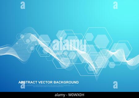 Scientific molecule background for medicine, science, technology, chemistry. Waves flow. Wallpaper or banner with DNA molecules structure, dots, lines Stock Vector