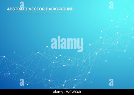 Abstract plexus background with connected lines and dots. Wave flow. Plexus geometric effect Big data with compounds. Lines plexus, minimal array Stock Vector