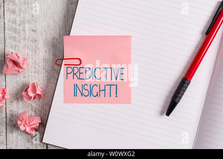 Word writing text Predictive Insight. Business photo showcasing Proactive Fault Management System an Early Detection Thick pages notebook stationary p Stock Photo