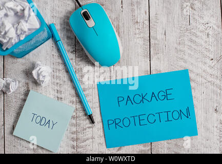 Conceptual hand writing showing Package Protection. Concept meaning Wrapping and Securing items to avoid damage Labeled Box Crumpled paper in bin and Stock Photo