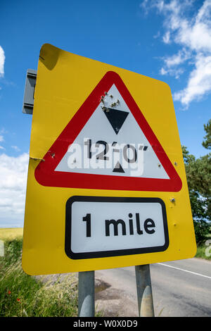 Rural crime, road signs shot and damaged by criminals/vandals. Rural crime / Gun crime escalation in England. Oxfordshire countryside, Bicester UK. Stock Photo