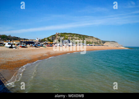 Fishing boats and equipment on Hastings Beach, Hastings, East Sussex, UK Stock Photo