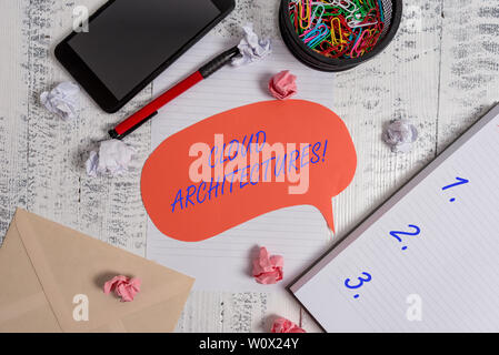 Writing note showing Cloud Architectures. Business concept for Various Engineered Databases Softwares Applications Smartphone pen clips envelope sheet Stock Photo