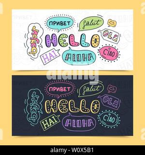 Hello in different languages. Vector illustration. Lettering simple hello in different language doodle quote in sketch style. Stock Vector