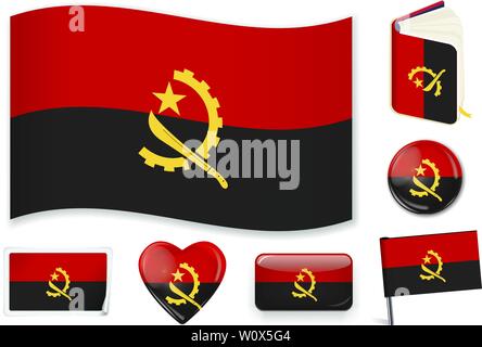 Angolan national flag. Vector illustration. 3 layers. Shadows, flat flag you can use it separately, lights and shadows. Collection of 220 world flags. Accurate colors. Easy changes. Stock Vector