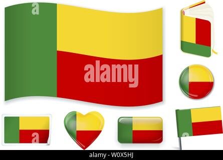 Benin national flag. Vector illustration. 3 layers. Shadows, flat flag, lights and shadows. Collection of 220 world flags. Accurate colors. Easy changes Stock Vector