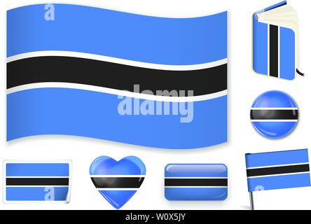 Botswana national flag. Vector illustration. 3 layers. Shadows, flat flag, lights and shadows. Collection of 220 world flags. Accurate colors. Easy changes. Stock Vector