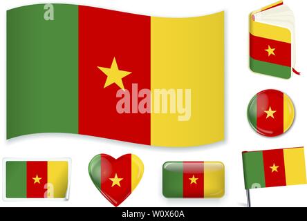 Cameroon national flag. Vector illustration. 3 layers. Shadows, flat flag, lights and shadows. Collection of 220 world flags. Accurate colors. Easy changes. Stock Vector