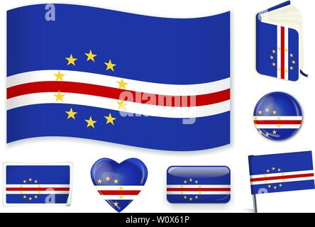 Cape Verde national flag. Vector illustration. 3 layers. Shadows, flat flag, lights and shadows. Collection of 220 world flags. Accurate colors. Easy changes. Stock Vector