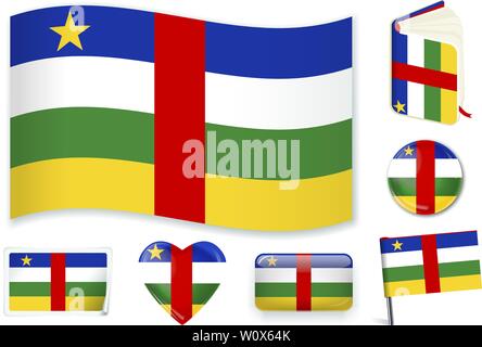 Central African Republic national flag. Vector illustration. 3 layers. Shadows, flat flag, lights and shadows. Collection of 220 world flags. Accurate colors. Easy changes. Stock Vector