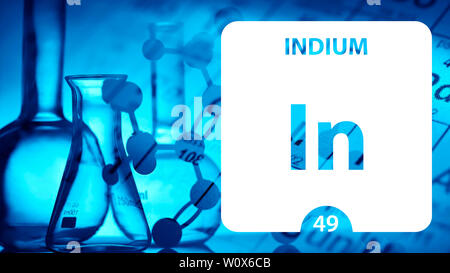 Indium Chemical 49 element of periodic table. Molecule And Communication Background. Chemical In, laboratory and science background. Essential chemica Stock Photo